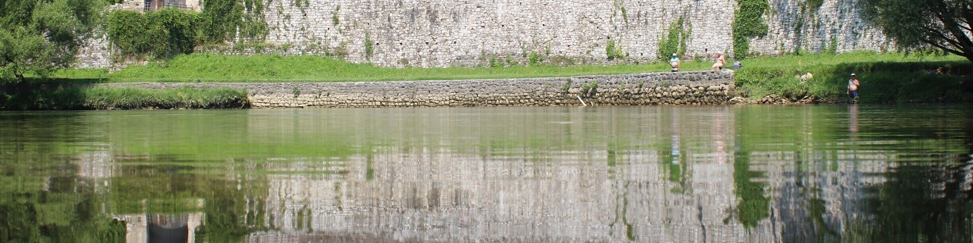 Um castelo de pedra histórico com uma torre, rodeado por um fosso e vegetação exuberante.
