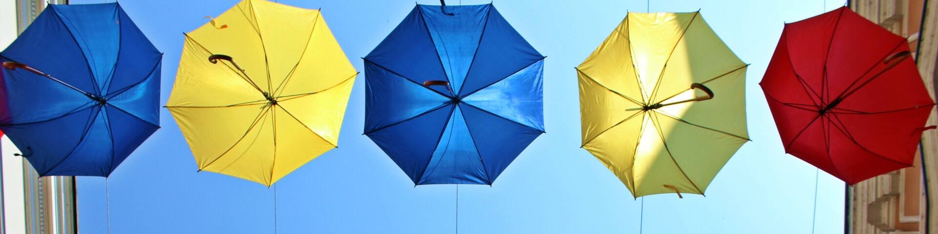 Colorful umbrellas in Banja LUka pedestrian zone as decoration for the City Day