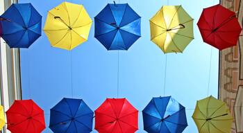 Colorful umbrellas in Banja LUka pedestrian zone as decoration for the City Day