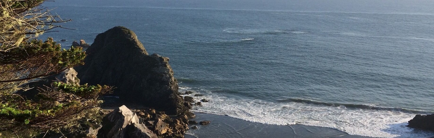 A coastal landscape with a rocky outcrop, sandy beach, and ocean waves.