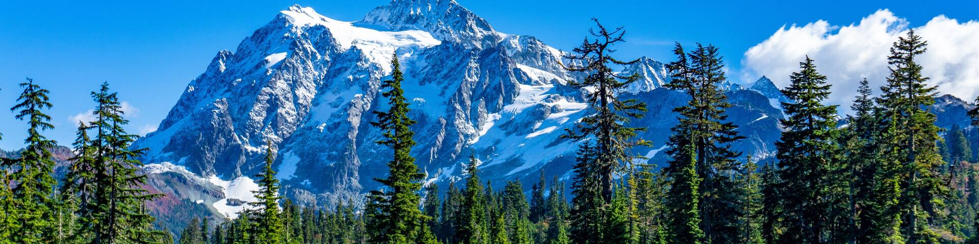 A mountain range with snow-capped peaks, a calm lake reflecting the trees, and a dense forest in the foreground.