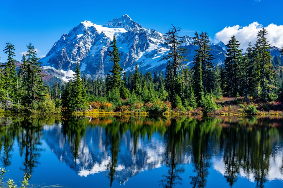 Una cordillera con picos nevados, un lago tranquilo que refleja los árboles, y un bosque denso en primer plano.