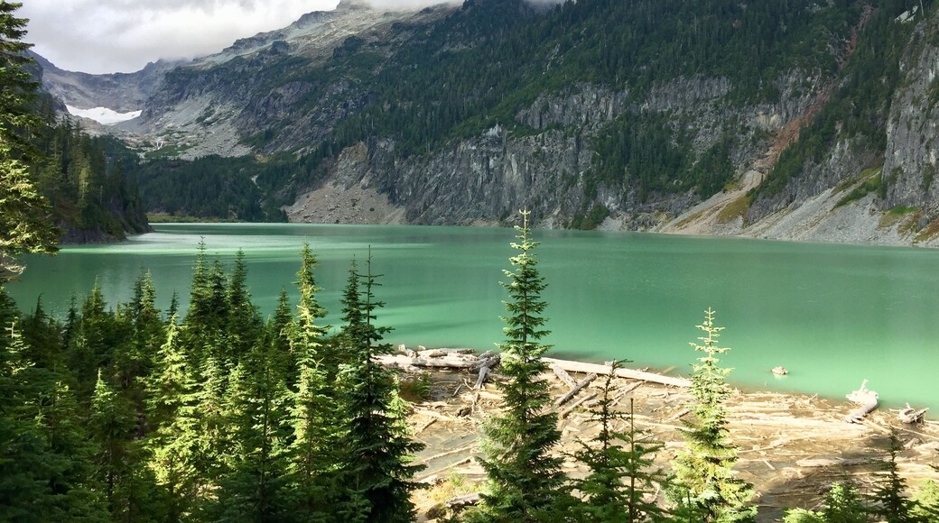 Un lago de montaña rodeado de bosque denso y terreno accidentado.