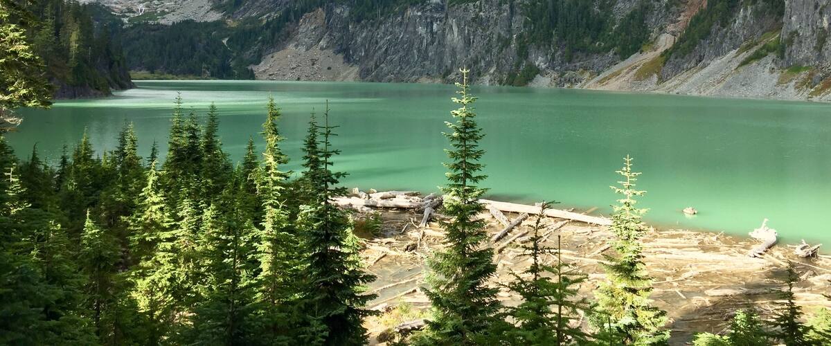 Un lago montano circondato da fitta vegetazione e un terreno aspro.