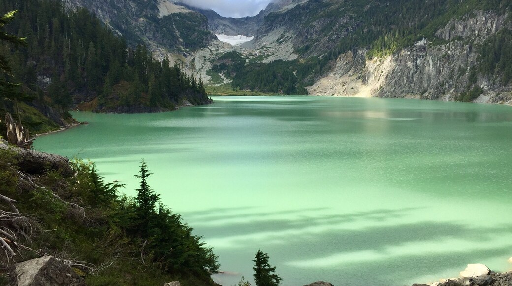 Un lago turquesa rodeado de montañas y bosques densos.