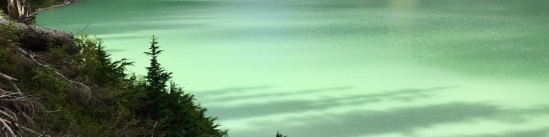 A turquoise lake surrounded by mountains and dense forests.