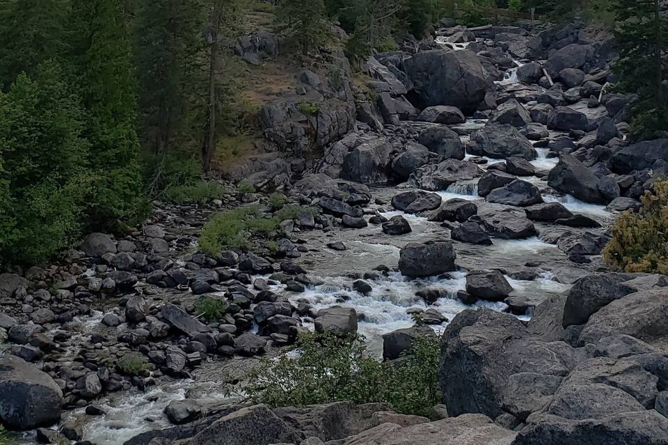 En flod der snor sig gennem et stenguldt landskab med tæt skov og bjerge i baggrunden.