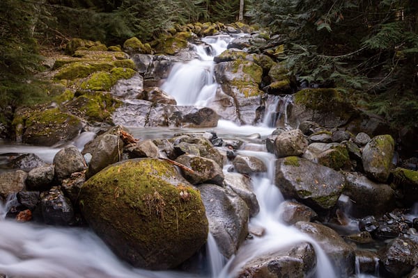 Streams are full with the arrival of the autumnal rains in the Cascade Mountains. Many opportunities to watch falling water on the hike up to Annette Lake.