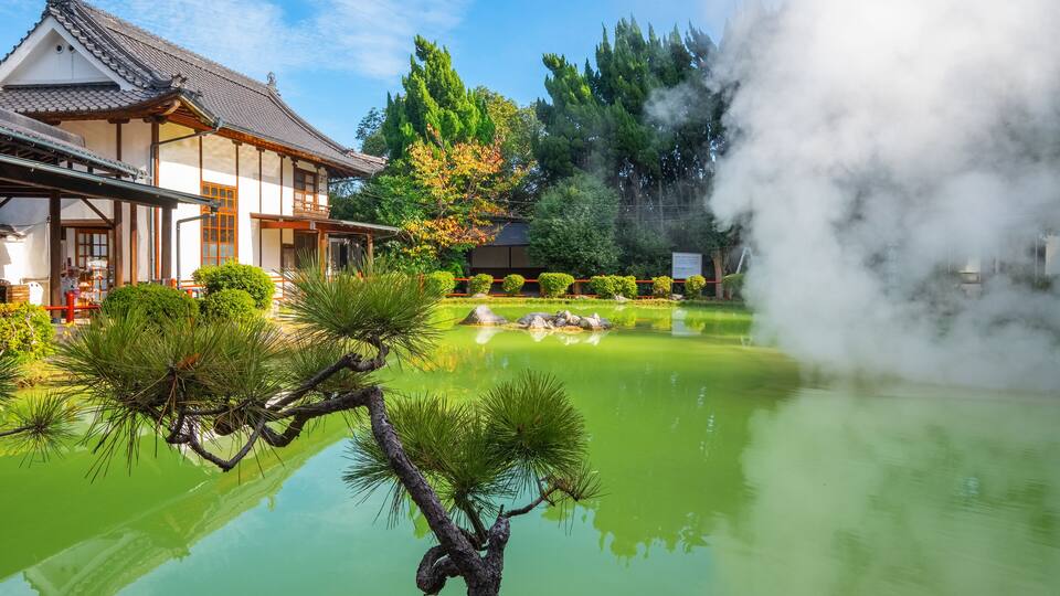 A traditional Japanese building, a pond with greenish water, and a steam feature.