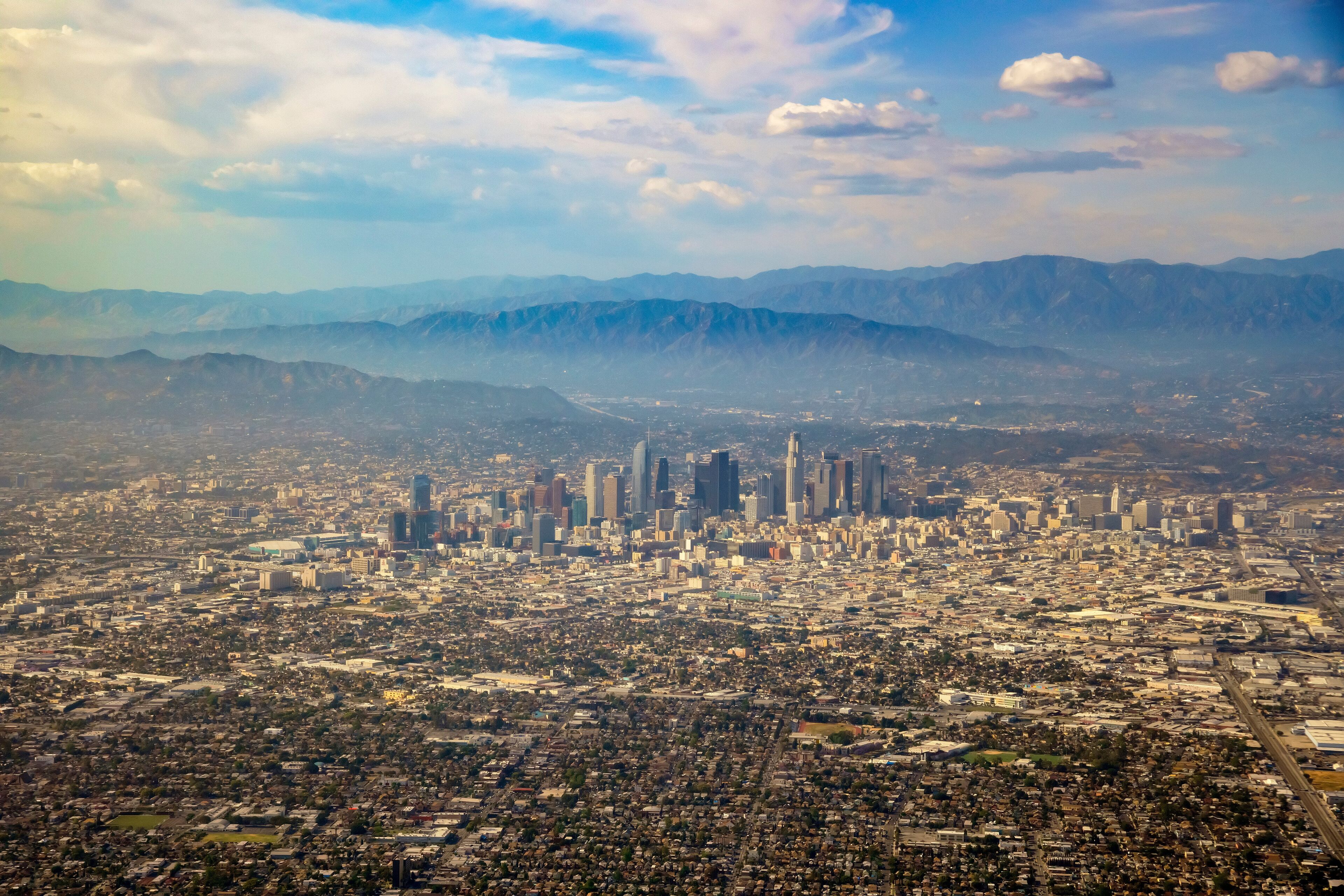 Aerial view of downtown, view from window seat in an airplane