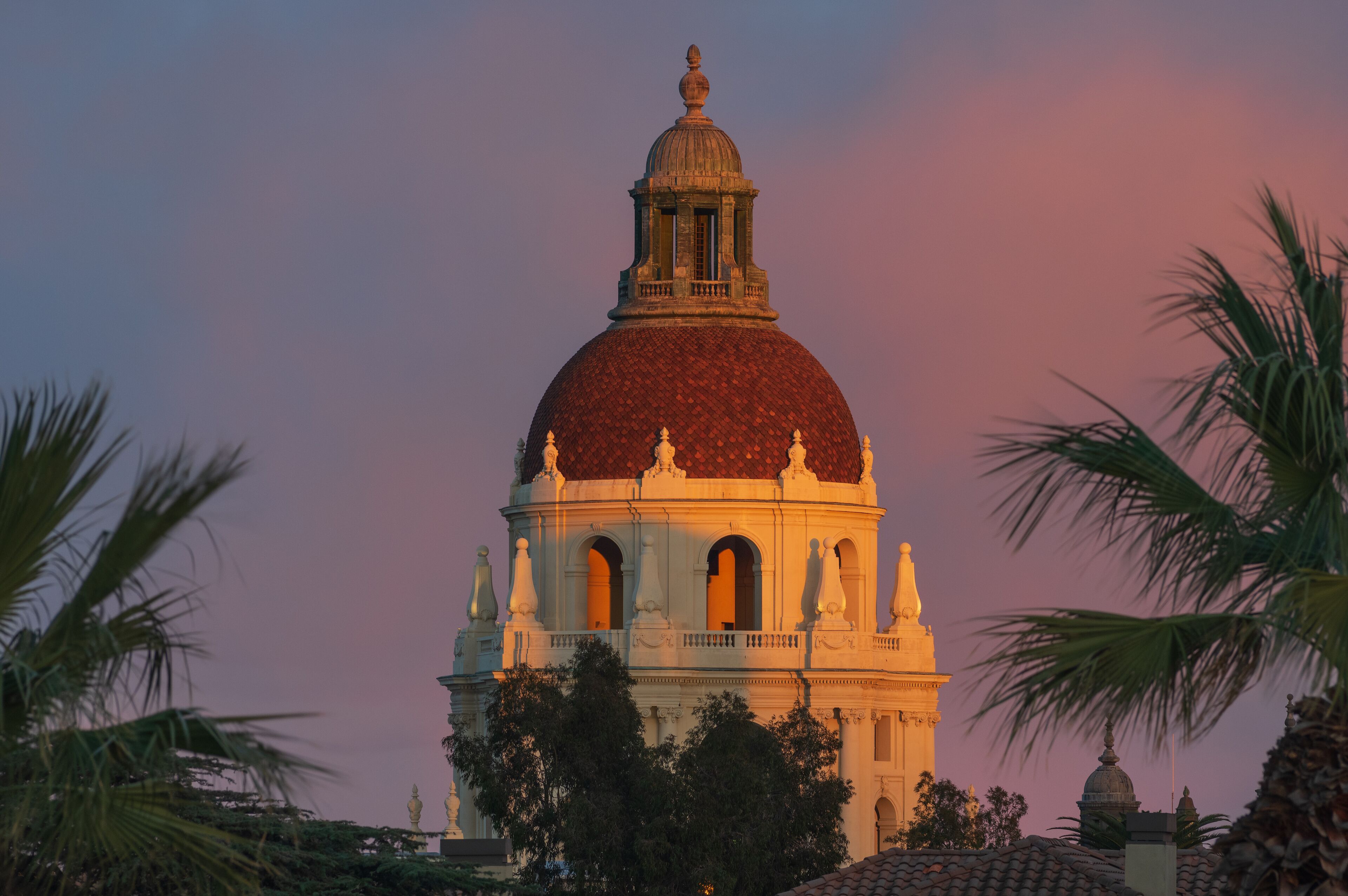  The beautiful Pasadena City Hall shown against a twilight sky. Pasadena is located in the Los Angeles county in California.
