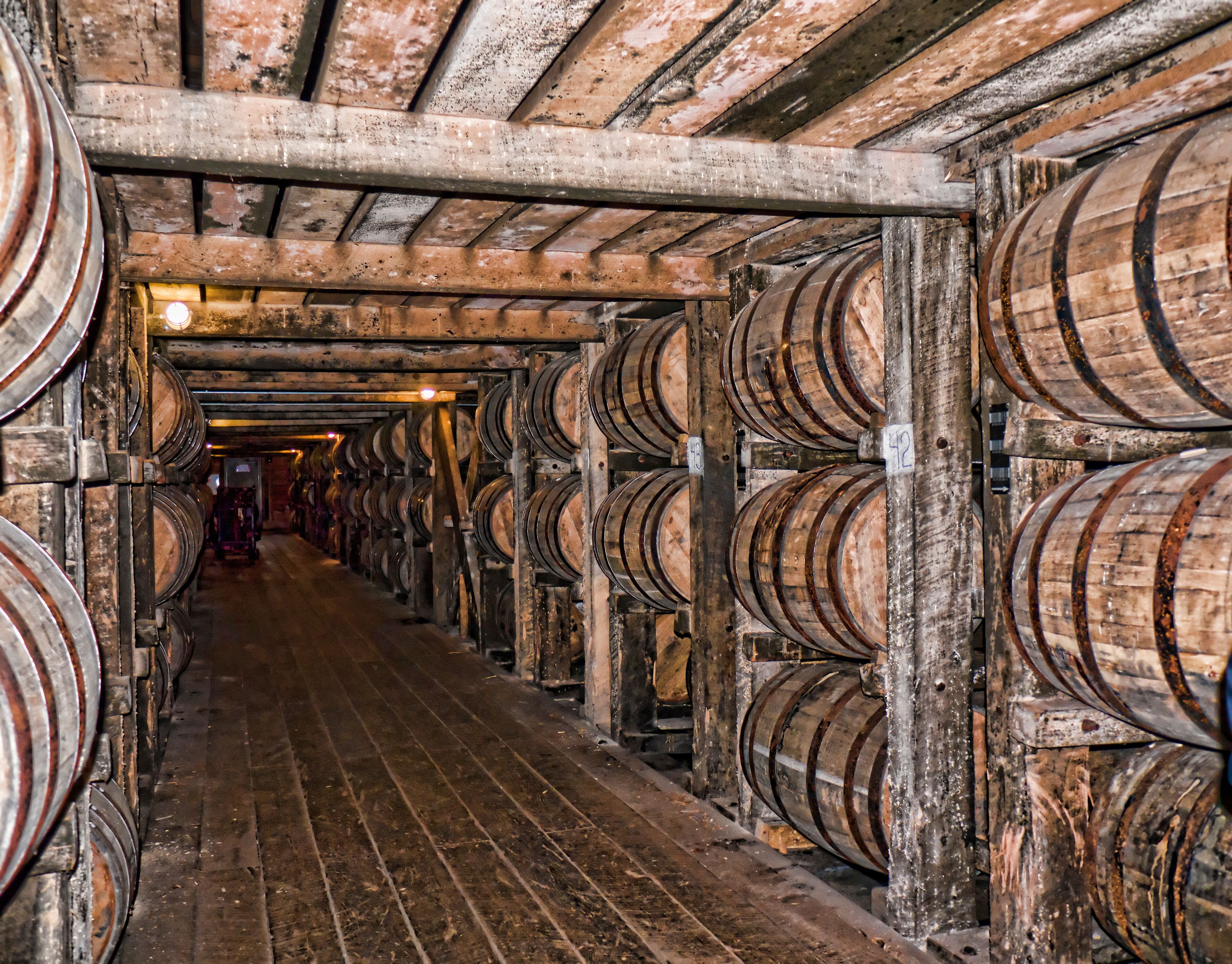 Barrels maturing Bourbon in Distillery in Bardstown Kentucky USA
