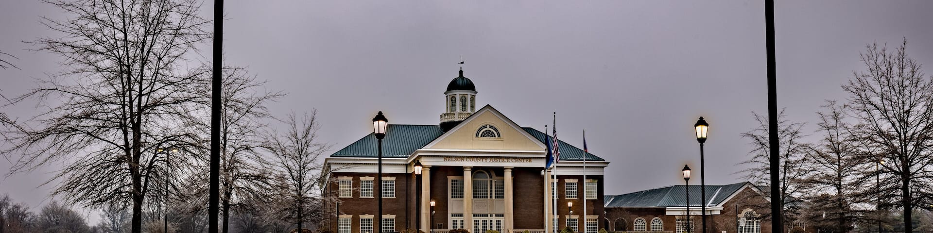 The Nelson County Justice Center in Bardstown, Kentucky, during a winter night.