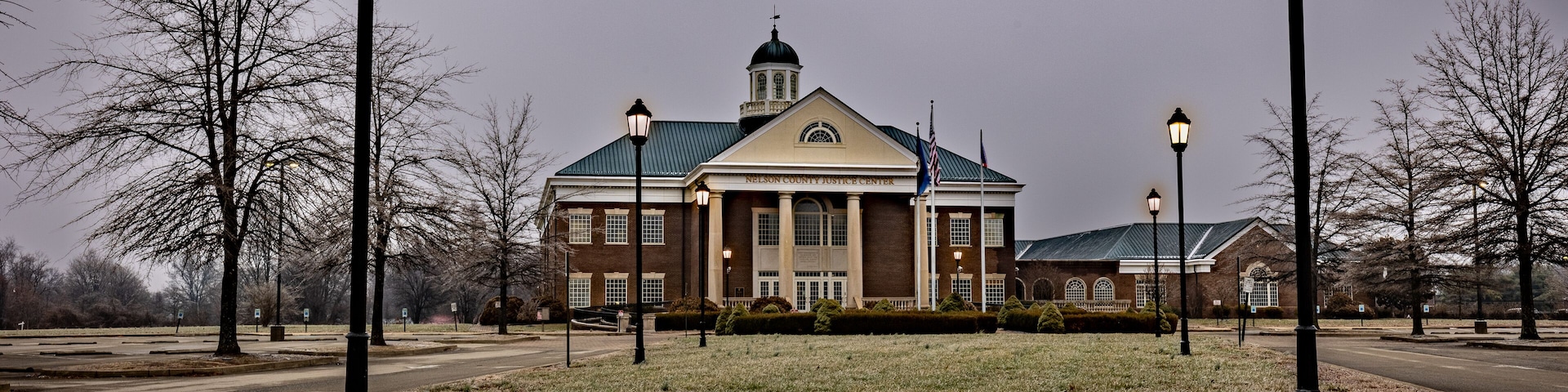 The Nelson County Justice Center in Bardstown, Kentucky, during a winter night.
