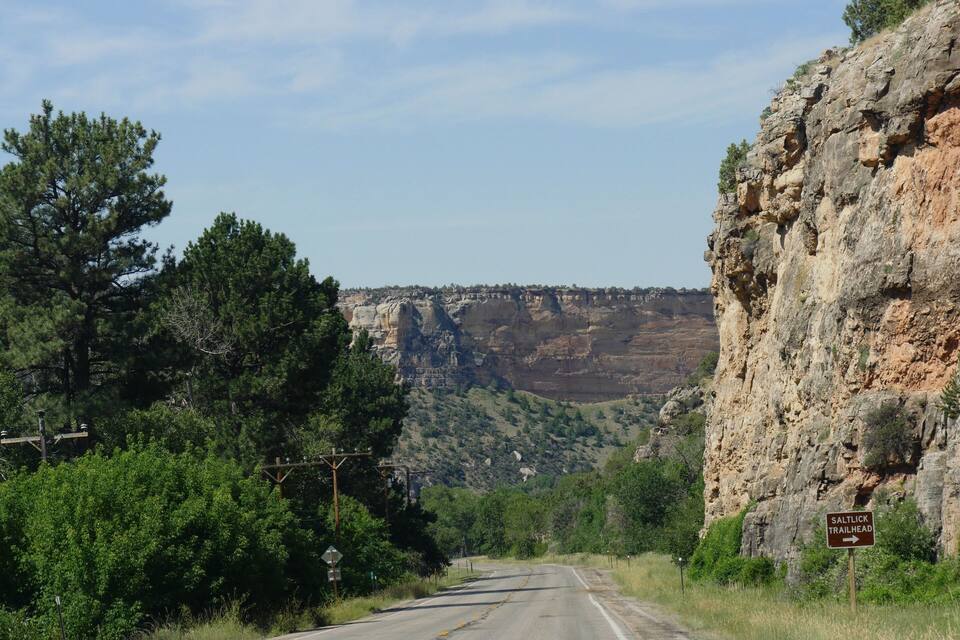 Une route avec un panneau indiquant le point de départ du sentier de Saltlick.