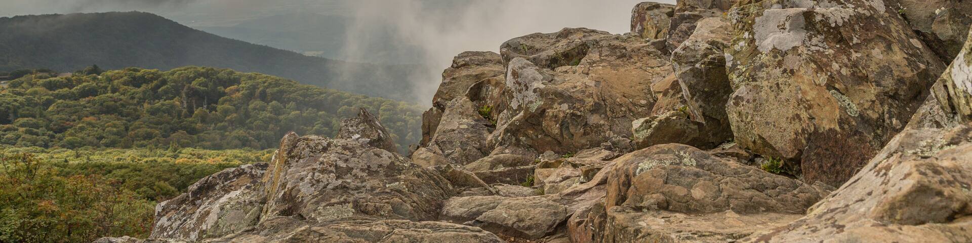 A rocky mountain landscape with dense green vegetation and a cloudy sky.