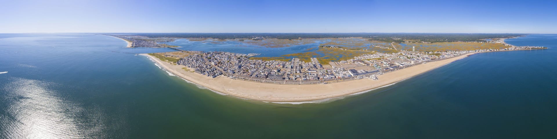 Hampton Beach panorama aerial view including historic waterfront buildings on Ocean Boulevard and Hampton Beach State Park, Town of Hampton, New Hampshire NH, USA.
