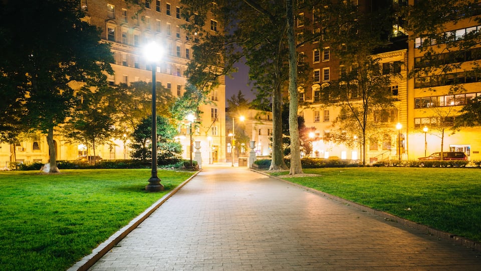 Walkway and buildings at night, at Rittenhouse Square in Philade