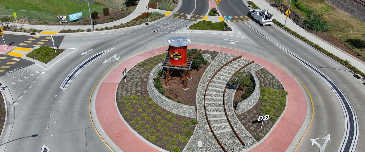 Roseville's new roundabout project is located at the intersection of Washington Boulevard, Lincoln Street and features an iconic water tower and sign.