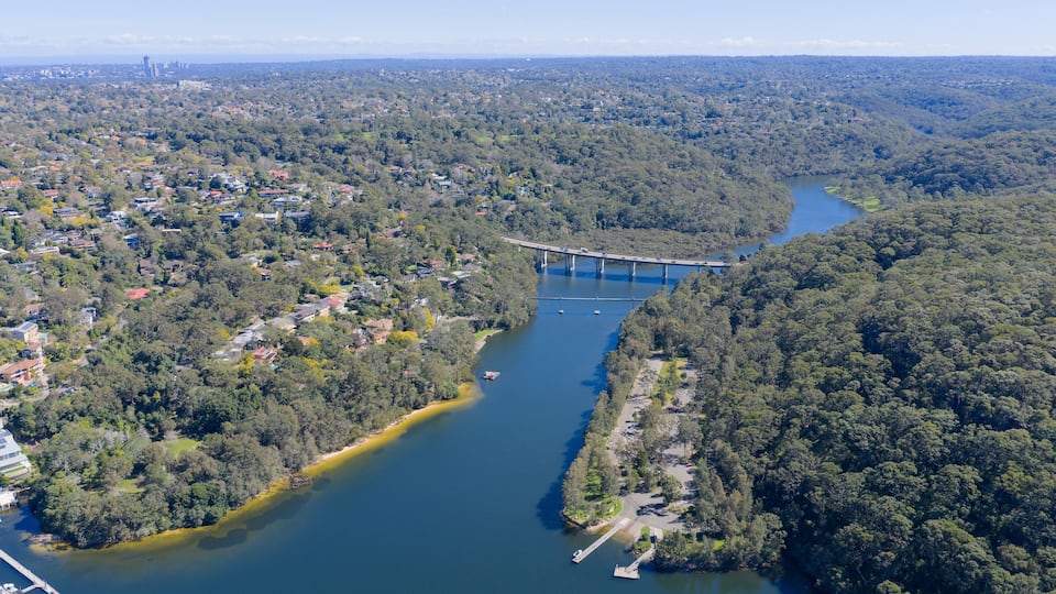 A river with a bridge, surrounded by dense forest and residential areas.