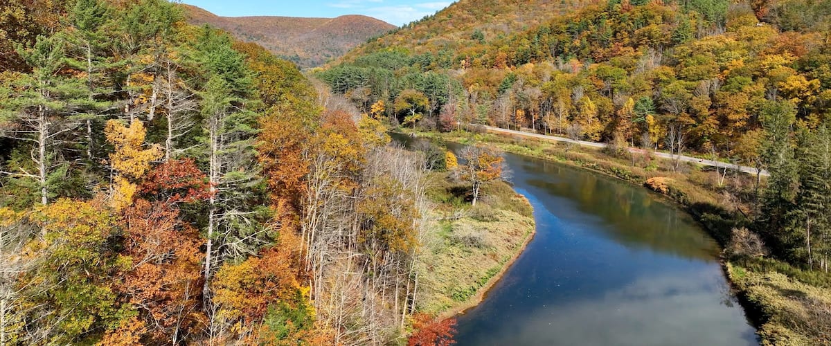 Un río serpentea por un valle boscoso con follaje otoñal.