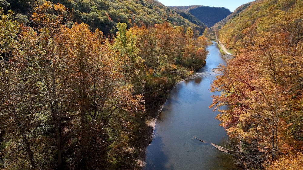 Une rivière serpentant à travers une vallée boisée, où les arbres arborent les couleurs de l’automne.