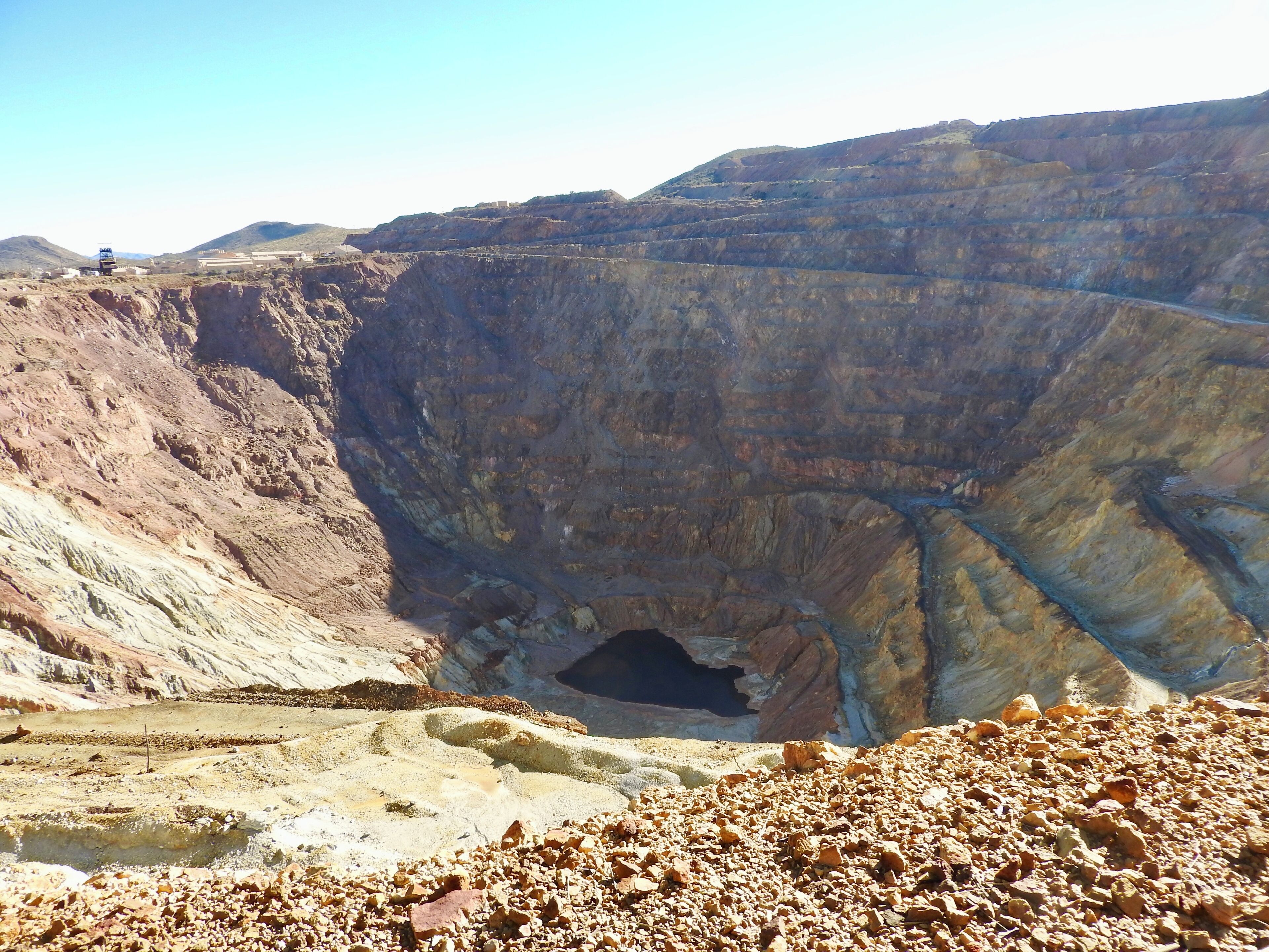 The Lavender Pit copper mine is an open pit mine at Bisbee, Arizona, which began in 1917 and ended in 1974. The pit is 4,000' (1219m) wide (north to south), 5000' (1524m) long, and 850' (259m) deep at its maximum.

#copper #mine #Bisbee #OnTheRoad