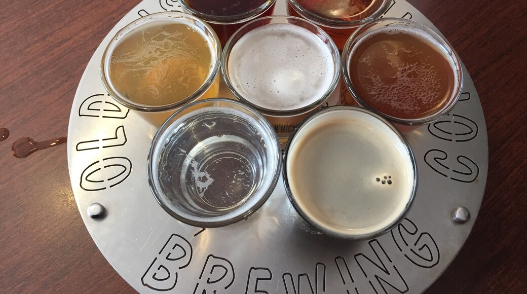 Trying out the sampler. Six locally brewed beers and a local wine!