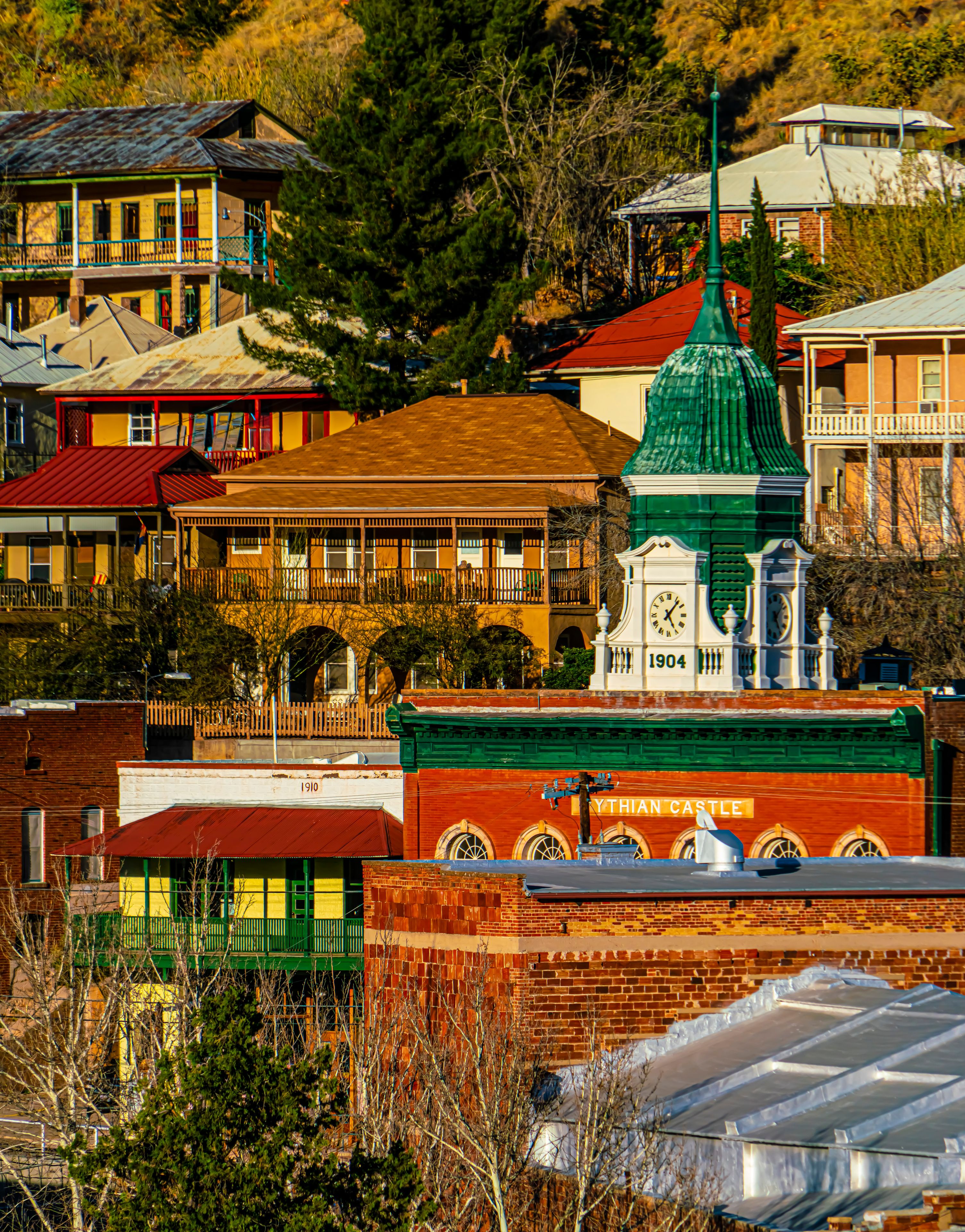 Church & courthouse steeples in Downtown Mining town of Bisbee Arizona.