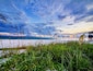 Une plage avec de hautes herbes au premier plan, un ciel dégagé et une structure visible au loin, sur la droite.