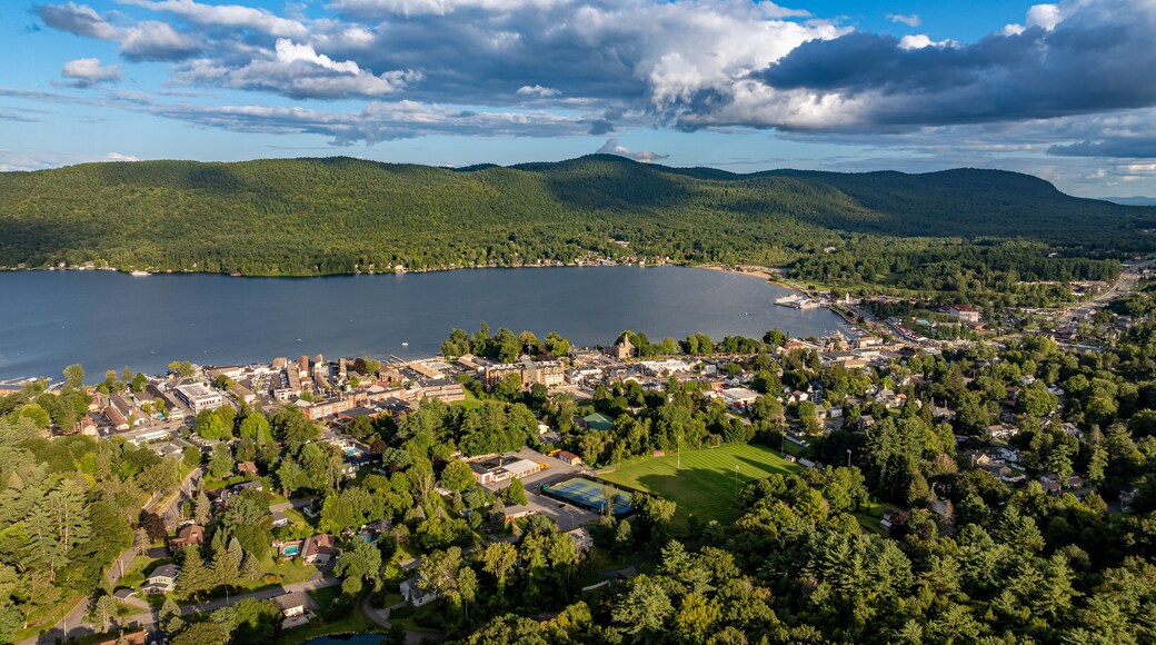 August 20 2024, Sunny afternoon summer aerial image of the area surrounding Lake George, NY, USA