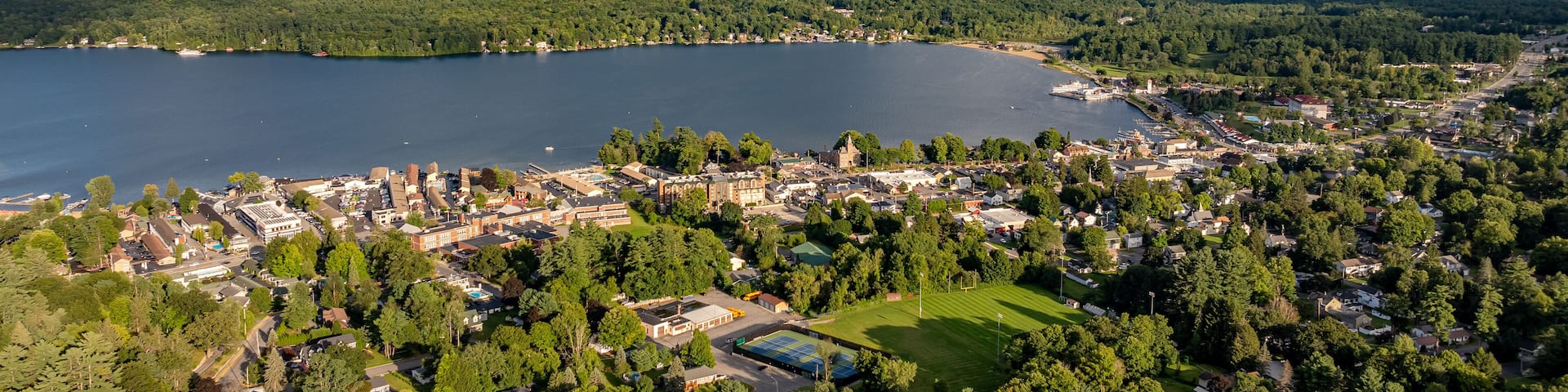 August 20 2024, Sunny afternoon summer aerial image of the area surrounding Lake George, NY, USA