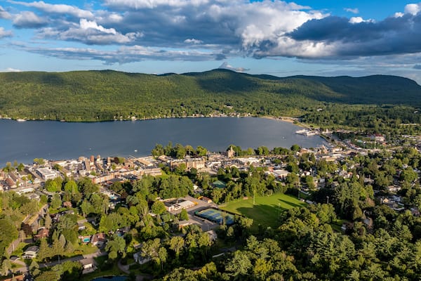 August 20 2024, Sunny afternoon summer aerial image of the area surrounding Lake George, NY, USA