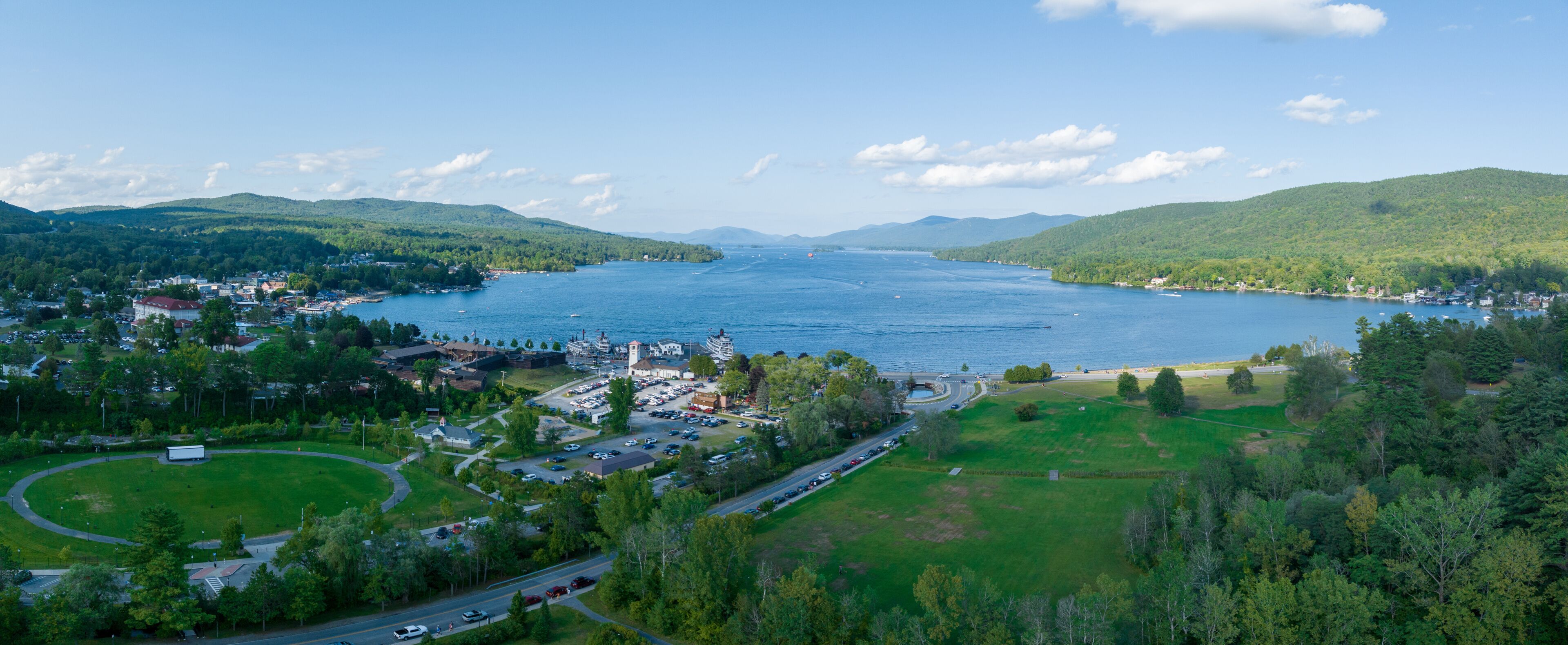 Panoramic aerial view of Lake George New York popular summer vacation destination with colonial wooden fort William Henry