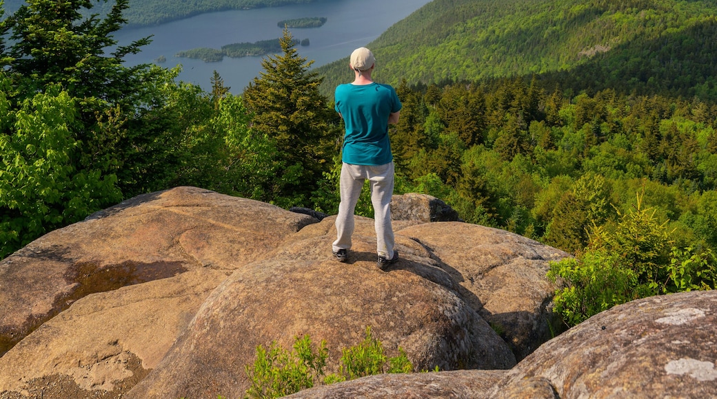 Hiker stands on Black Mountain, enjoying a scenic view of Lake George and the surrounding Adirondack landscape in New York State, USA.