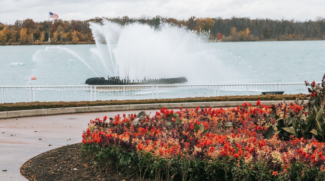 Reaume Park and Coventry Gardens Walking Trails Trailhead showing a fountain, wildflowers and a garden