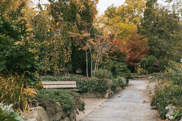 Reaume Park and Coventry Gardens Walking Trails Trailhead which includes autumn leaves and a garden