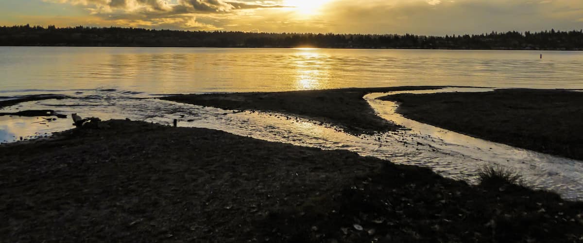 A sunset over a calm lake with a shoreline and a distant tree line.