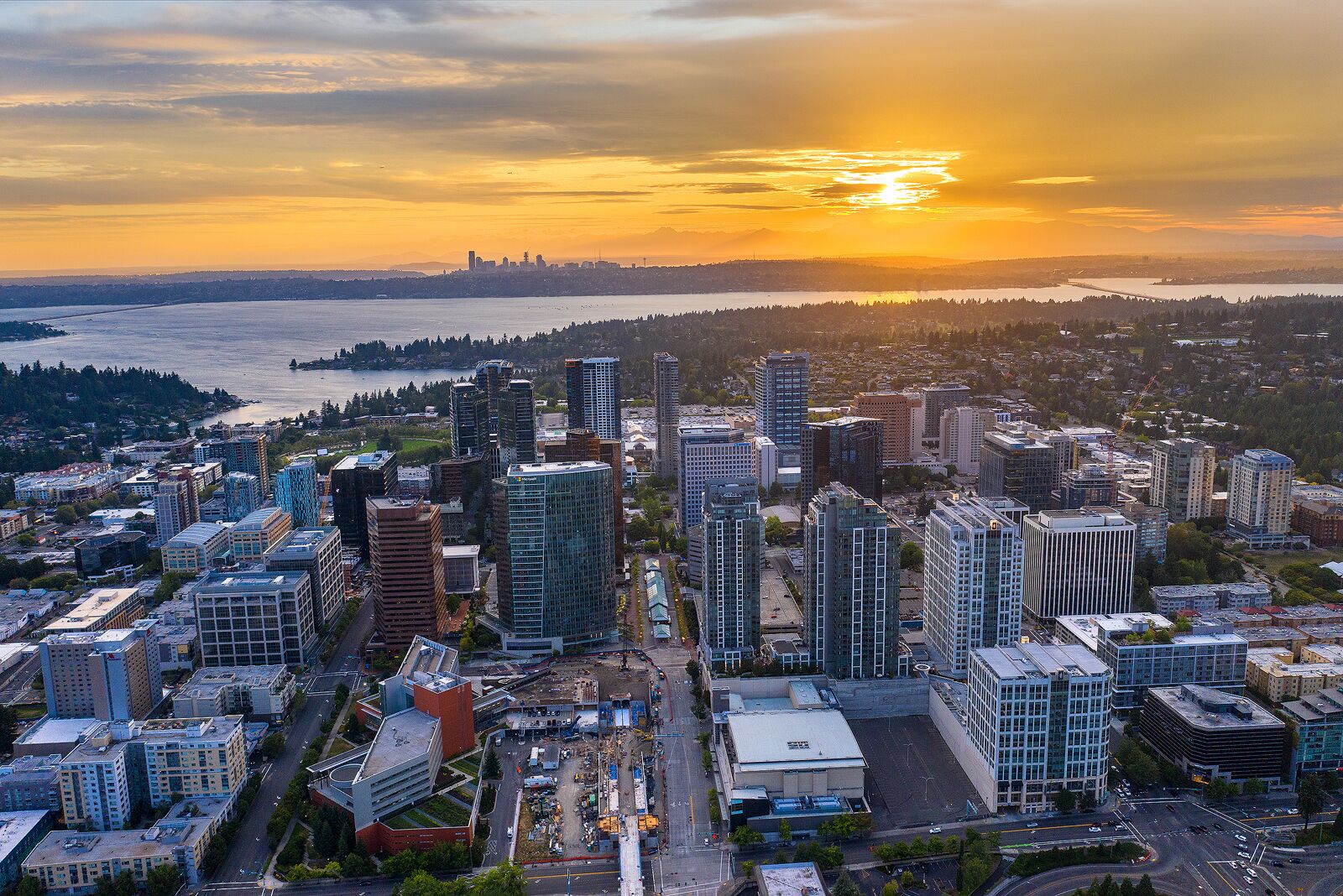 Sunset over Seattle and Bellevue
