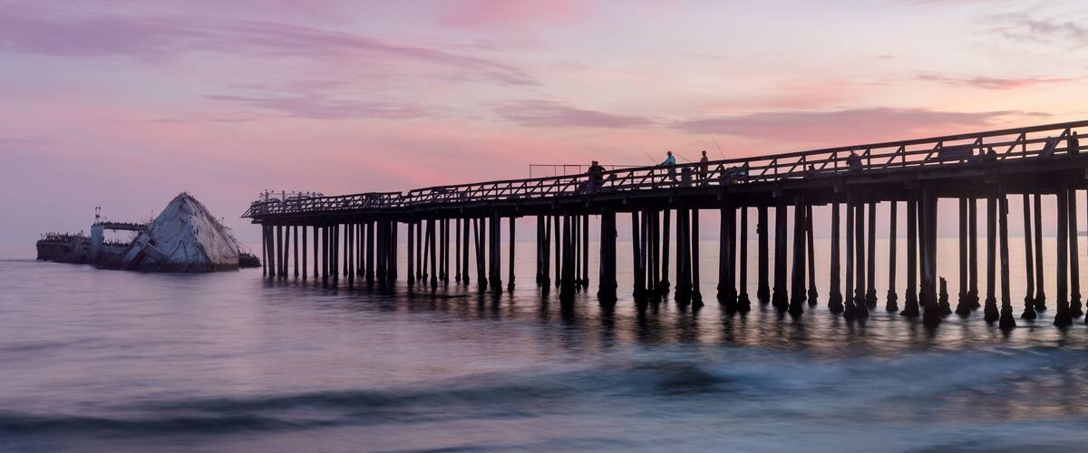 Twilight Sky over Seacliff Pier and SS Palo Alto Shipwreck. Seacliff State Beach, Aptos, Santa Cruz County, California, USA.