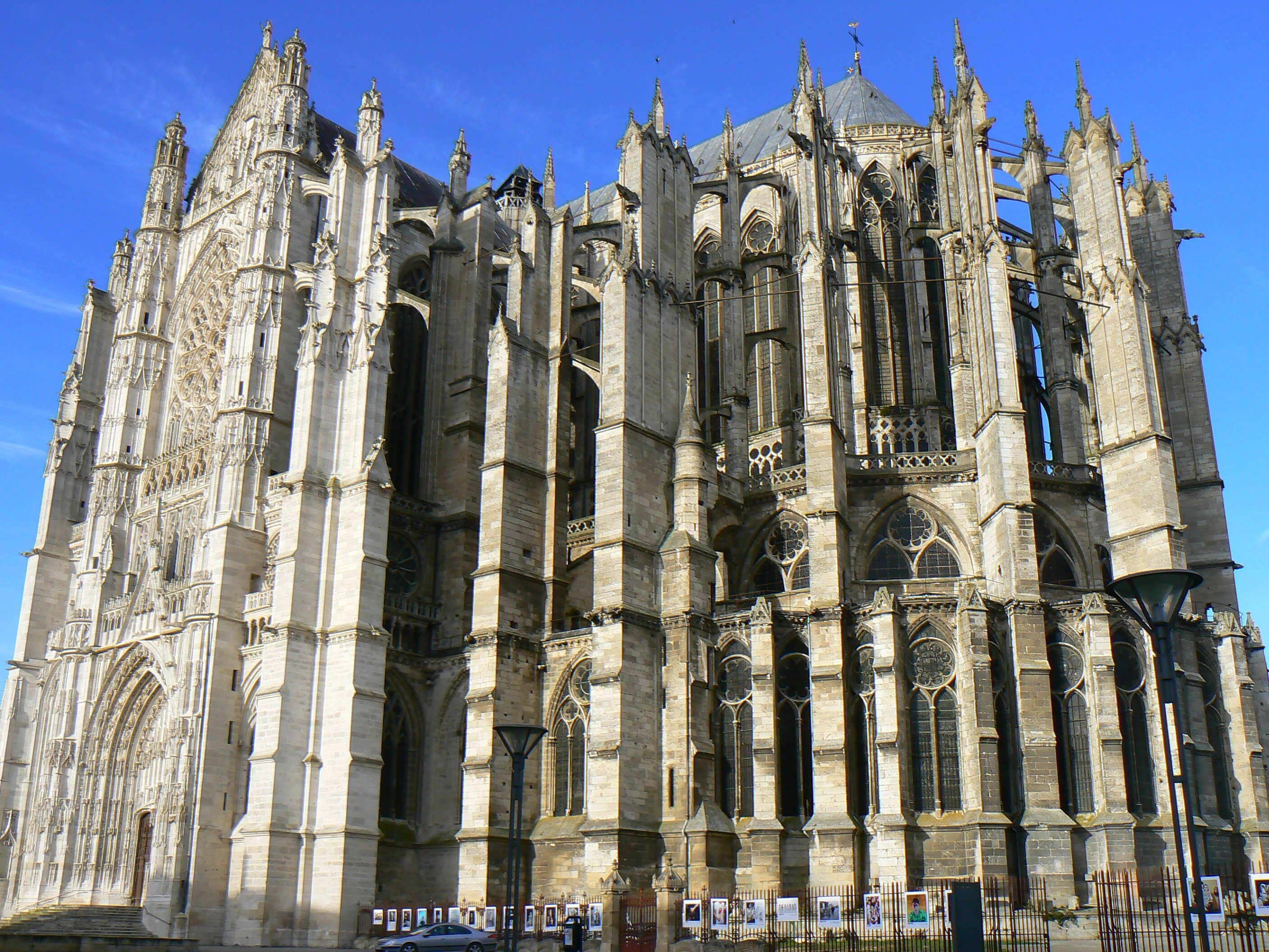 A Gothic cathedral with intricate stone carvings and tall spires.