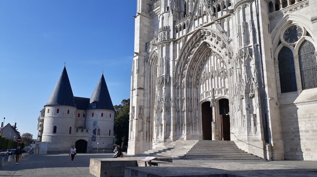 cathedral entrance and small castle in the background