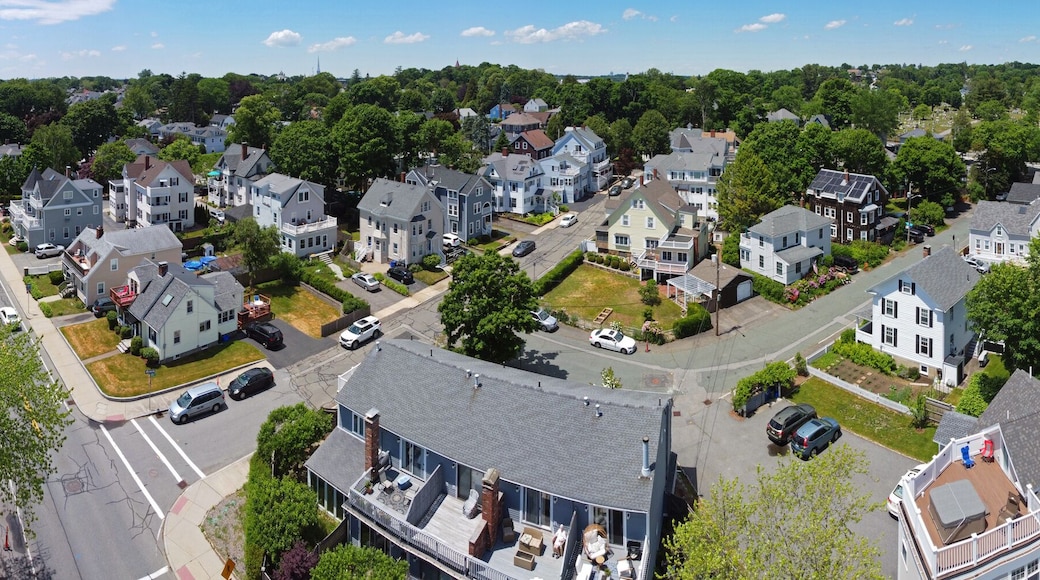 Aerial view panorama of historic residence building in historic city of Beverly, Massachusetts MA, USA.