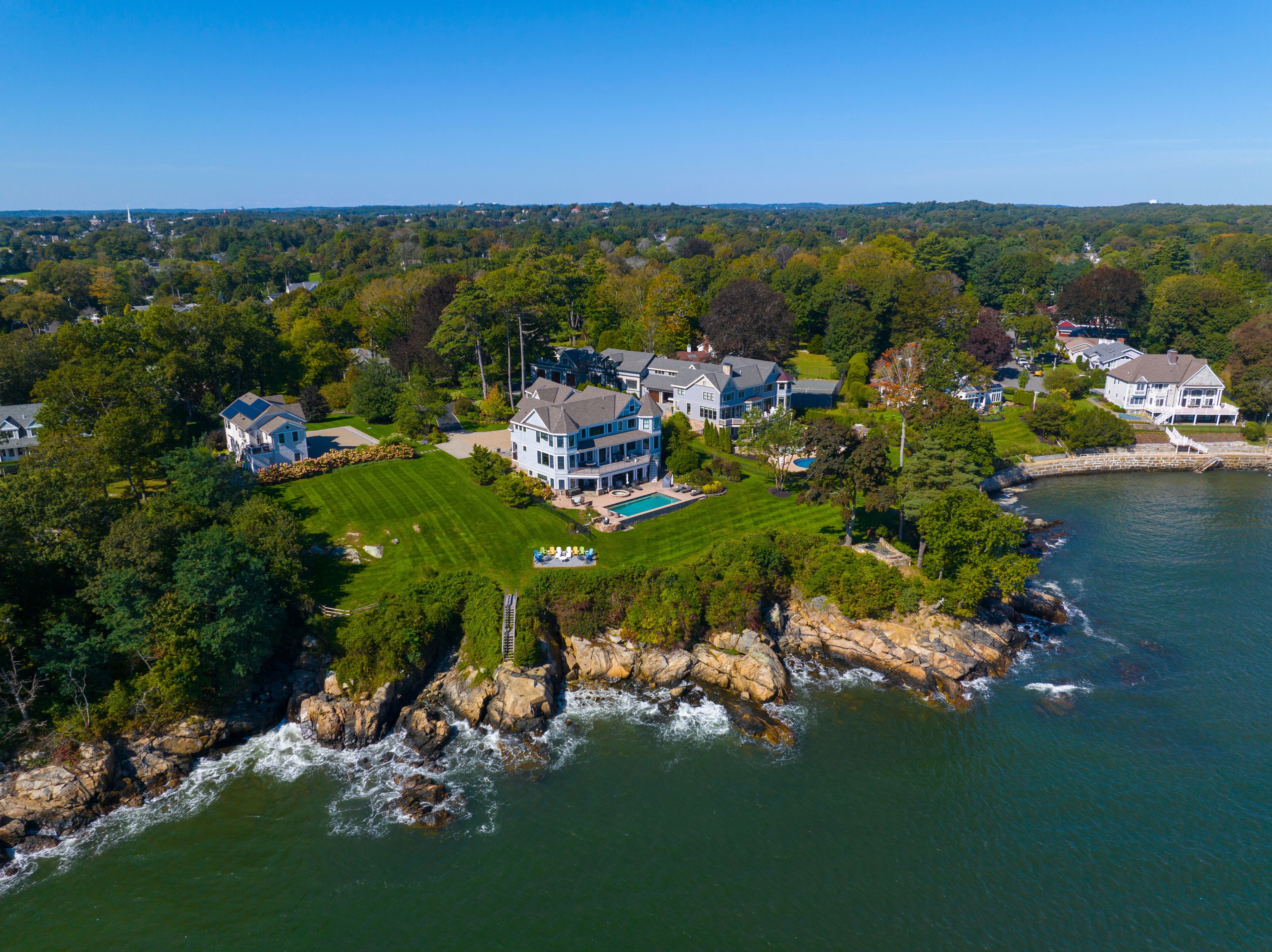 Historic mansion at Hospital Point near Patch Beach aerial view at Beverly Cove at fall in town of Beverly, Massachusetts MA, USA. 