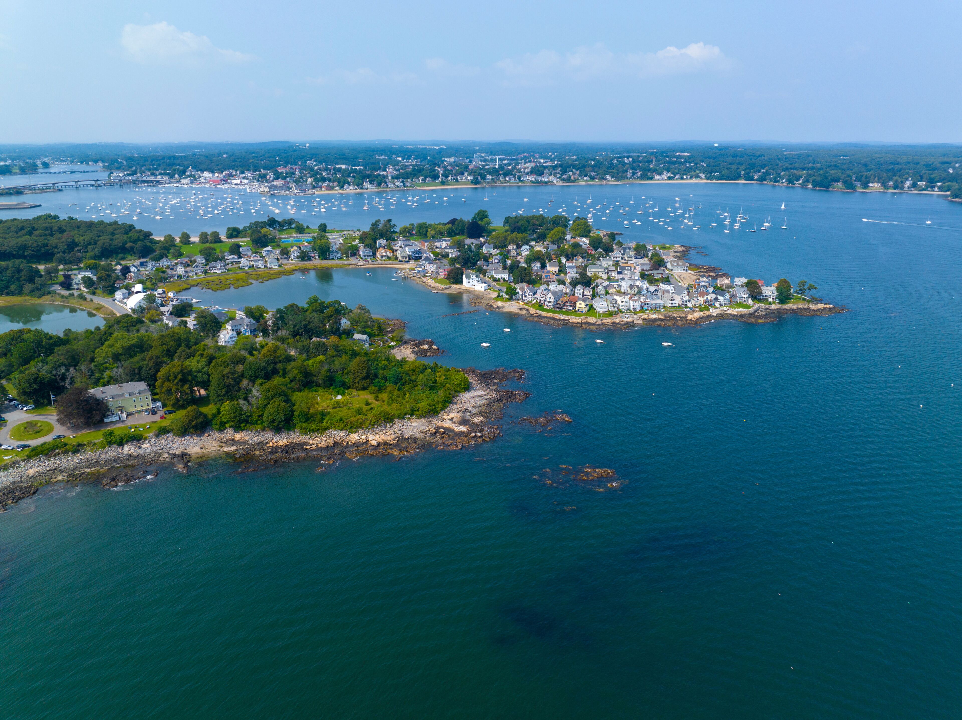 Juniper Point and Winter Island aerial view in summer at Salem Neck historic district with Danvers River mouth to Beverly Harbor at the back, City of Salem, Massachusetts MA, USA.