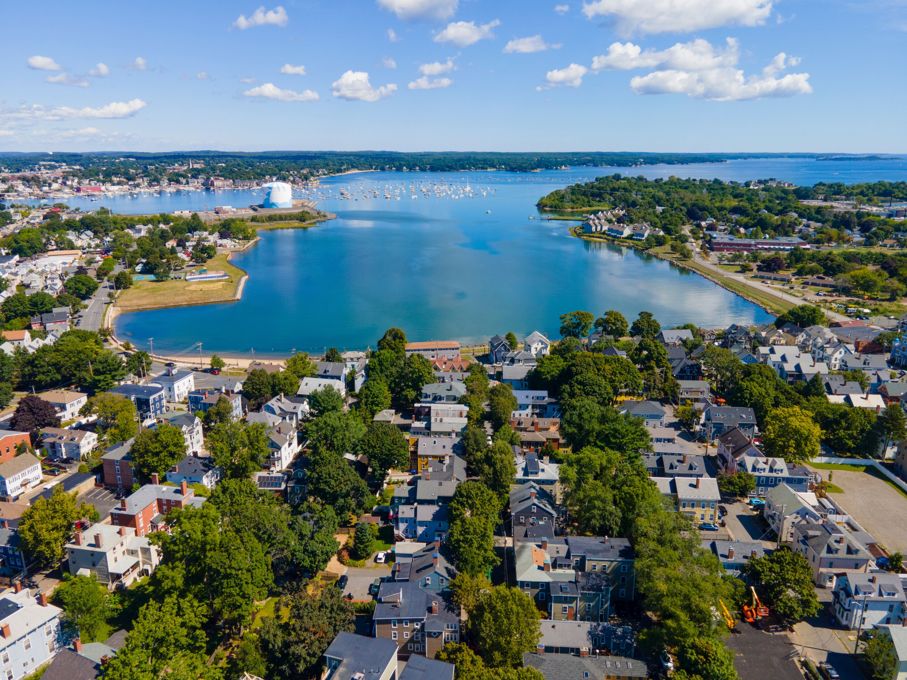 Collins Cove aerial view at Salem Neck historic district in City of Salem, Massachusetts MA, USA.