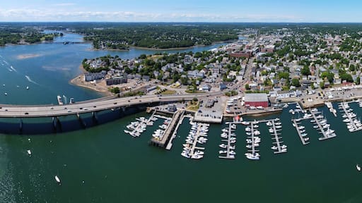 Aerial view panorama of Beverly Port Marina and Essex Bridge at Sandy Point in city of Beverly, Massachusetts MA, USA.