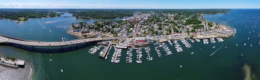 Aerial view panorama of Beverly Port Marina and Essex Bridge at Sandy Point in city of Beverly, Massachusetts MA, USA.