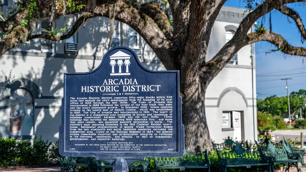 A historic district sign with detailed information about Arcadia's history.