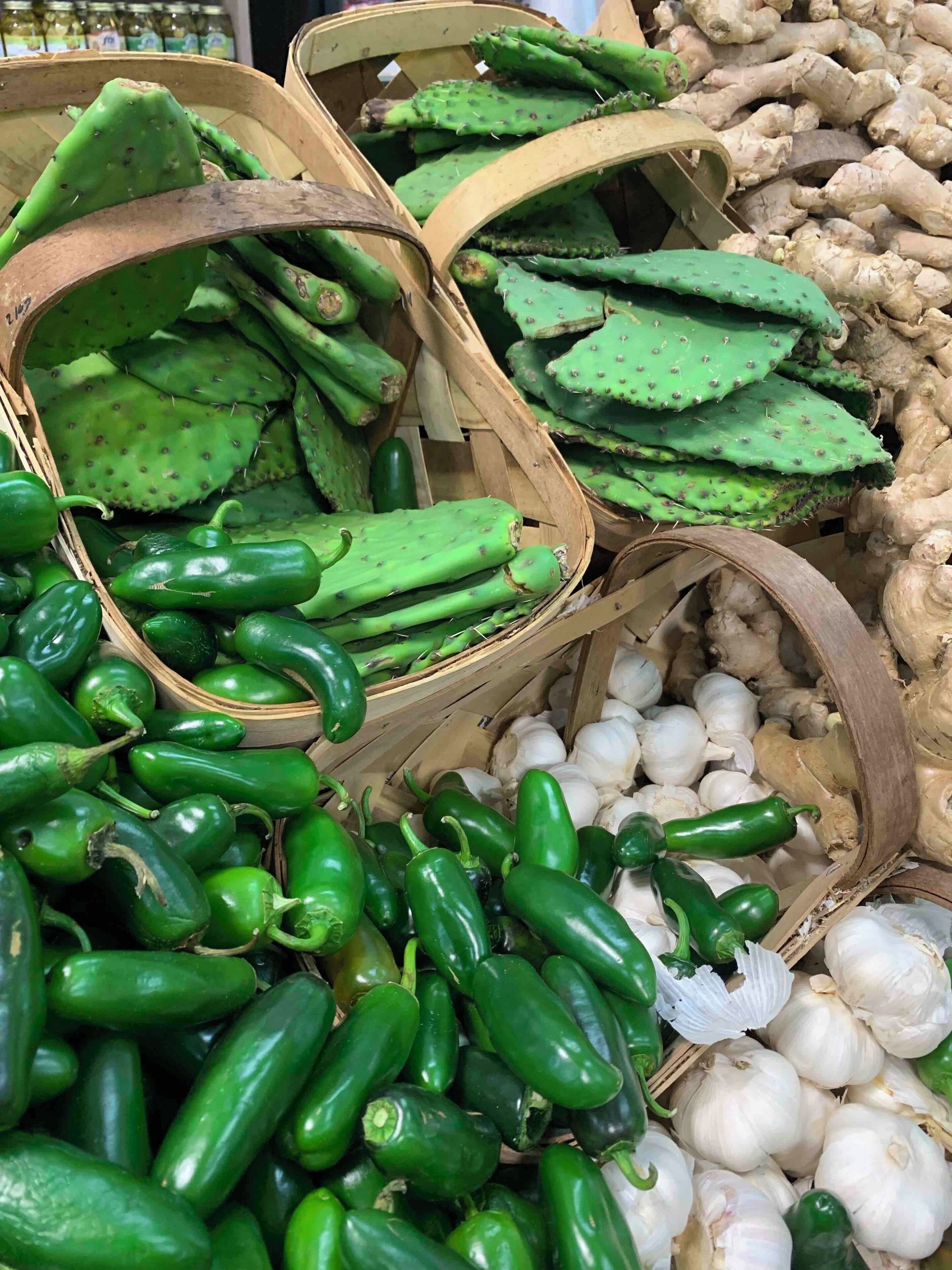 Cactus, peppers and garlic at local farmers market.